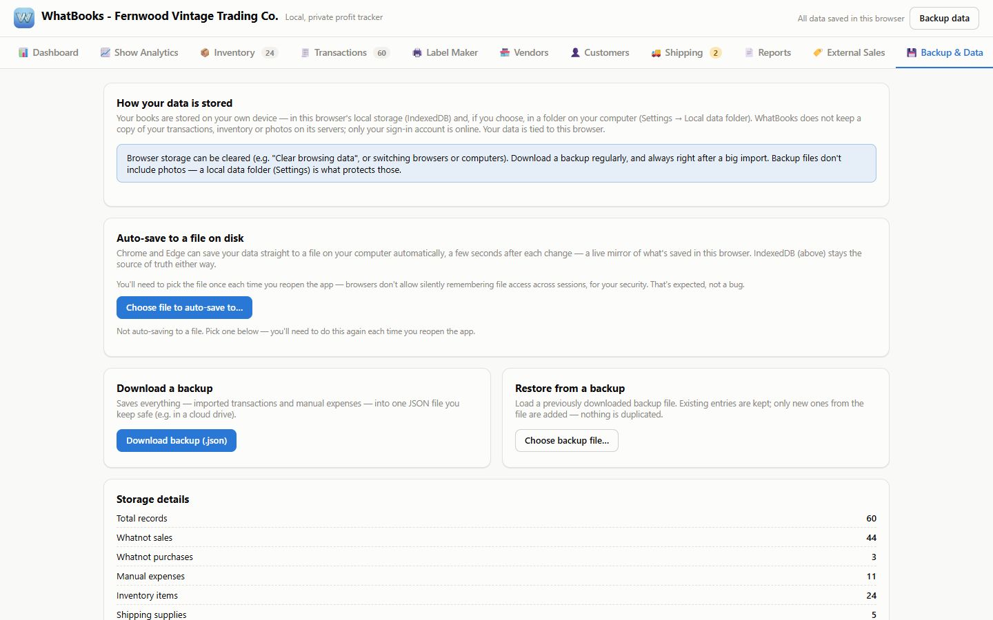 The Backup & Data tab with download backup, restore and auto-save cards