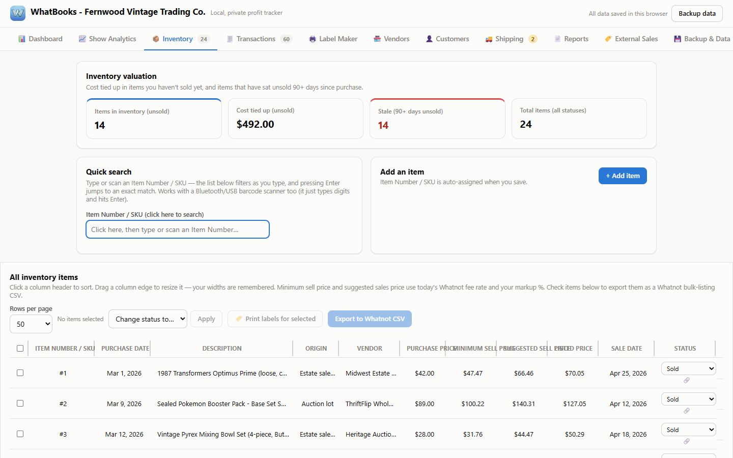 The Inventory tab: items with cost, status and the tiles for stock on hand