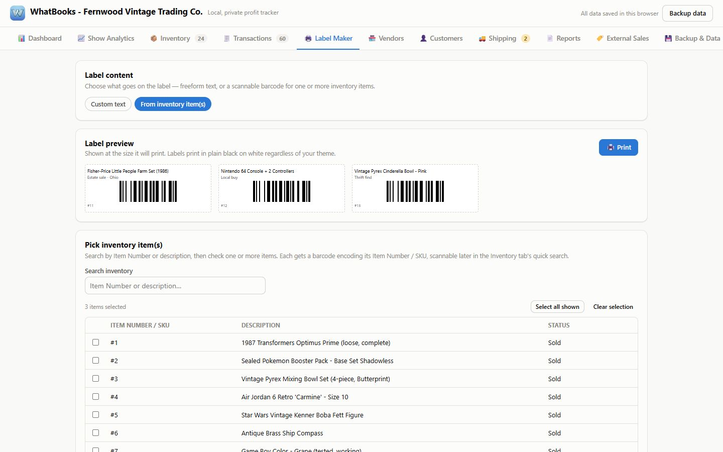 The Label Maker previewing barcode labels for inventory items