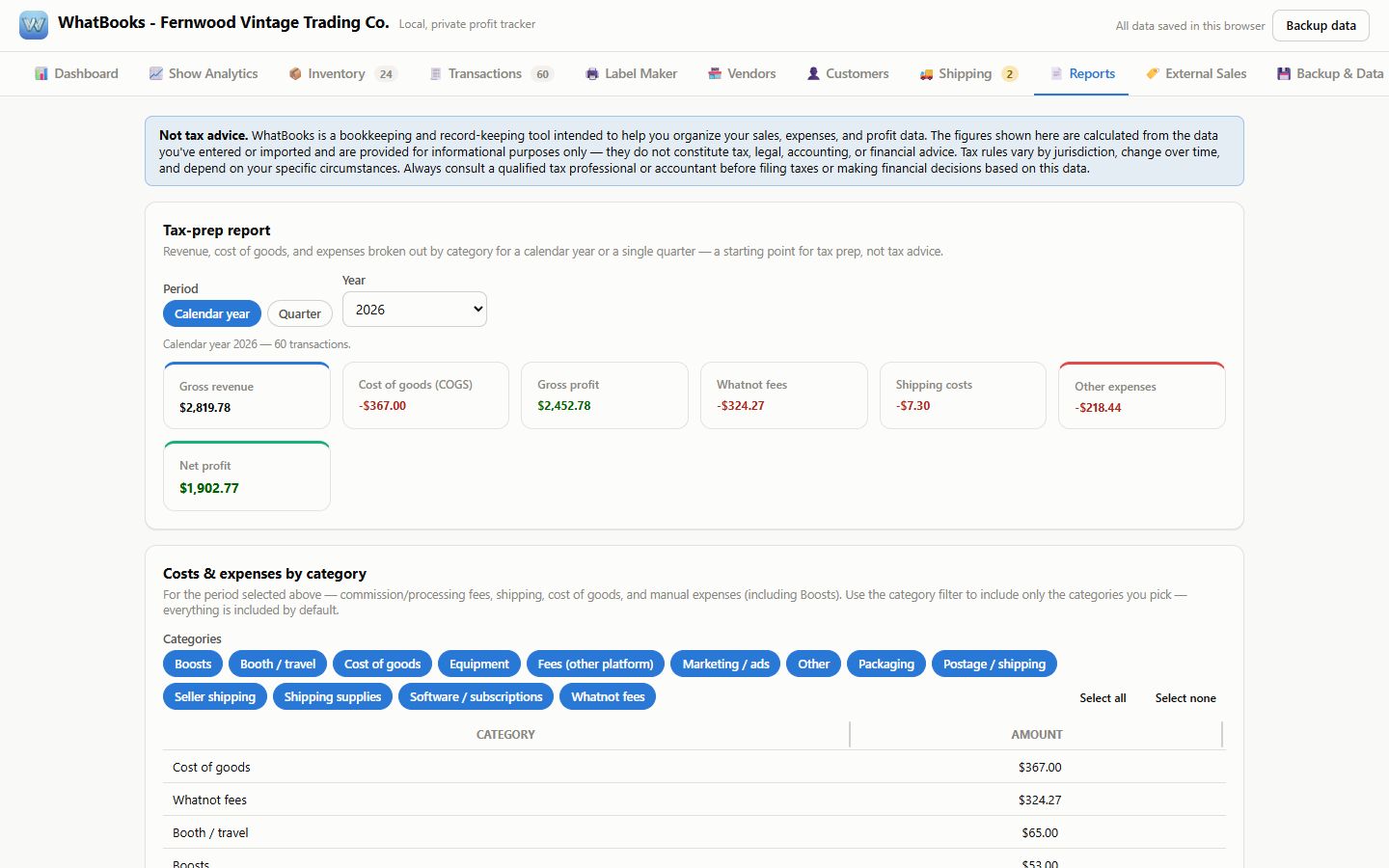 The Reports tab: the tax-prep report with revenue, cost of goods and expenses by category
